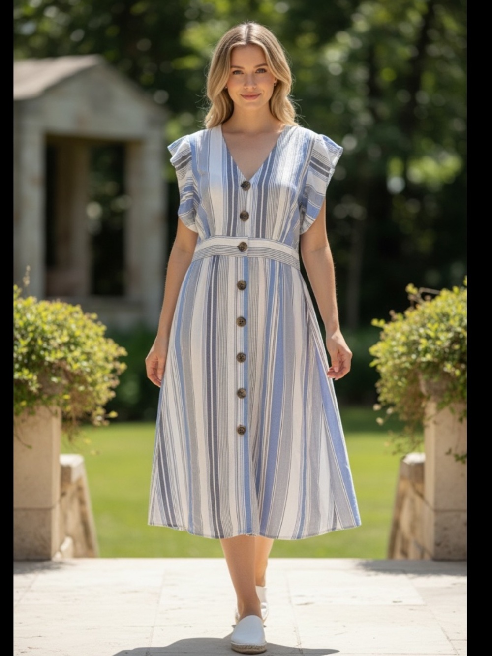 a.n.a Blue Striped Rayon Linen Blend Button Front Midi Dress Plus Size  XXL